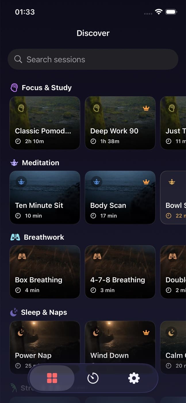 Timer AI's Discover screen: rows of ready-made sessions for focus, meditation, breathwork and sleep.