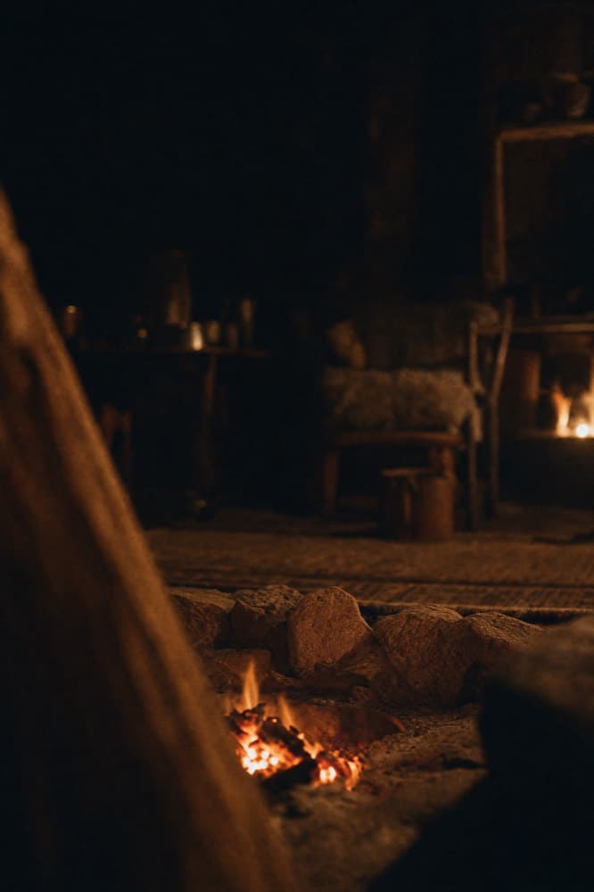 A wood fire burning in a hearth.