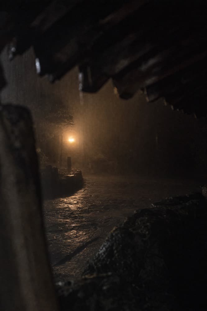 A rain-soaked street at night.